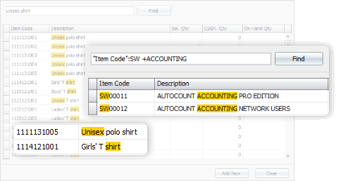Screengrab of AutoCount dashboard showing when using keyword search, all partially and fully matched records will be displayed.